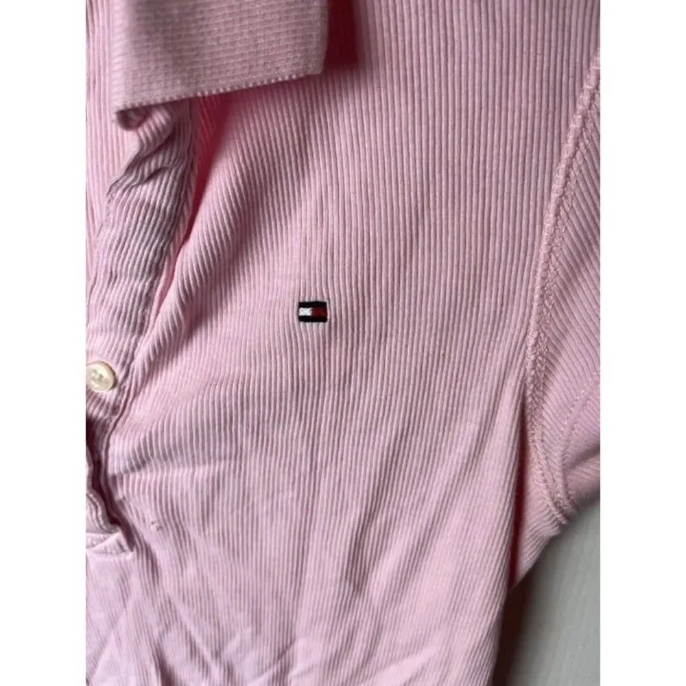 Tommy Hilfiger Shirt Top Women's Large Pink Stretch Collared Short Sleeve Button - Picture 4 of 4